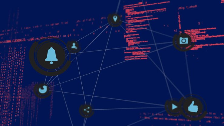 Animation of connected icons, computer language over blue background