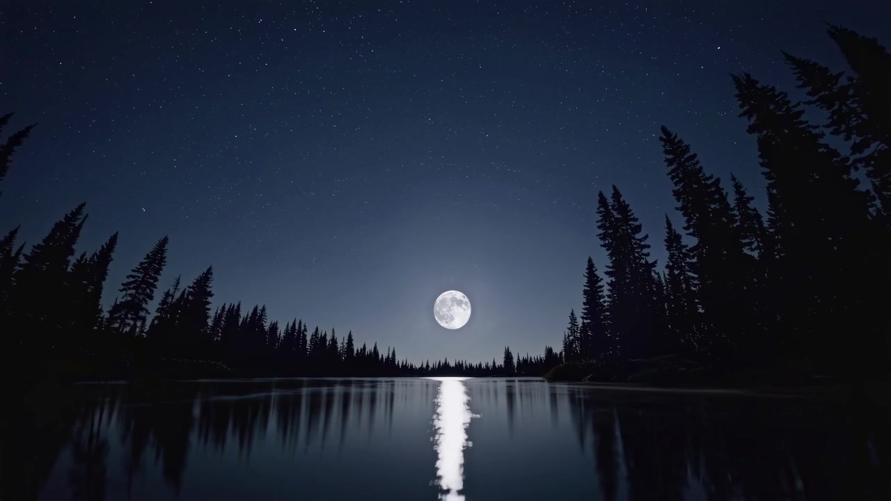 Full Moon Rising Over a Serene Lake with Starry Night Sky and Forest Reflection