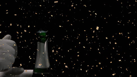 animation of confetti over man opening champagne on black background