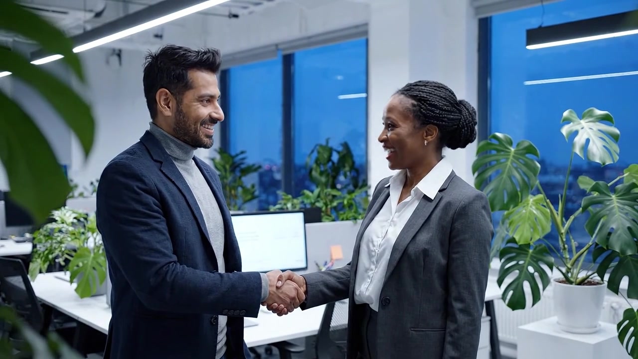 A Professional Exchange: Two Colleagues Engaging in a Friendly Handshake in a Modern Office Environment, Symbolizing Collaboration and Networking Opportunities