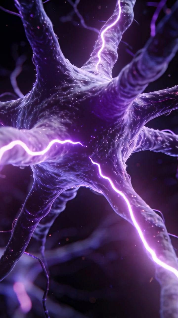 Pulsing neuron soma sending purple arcs along branches after left arc appears, relaying signal