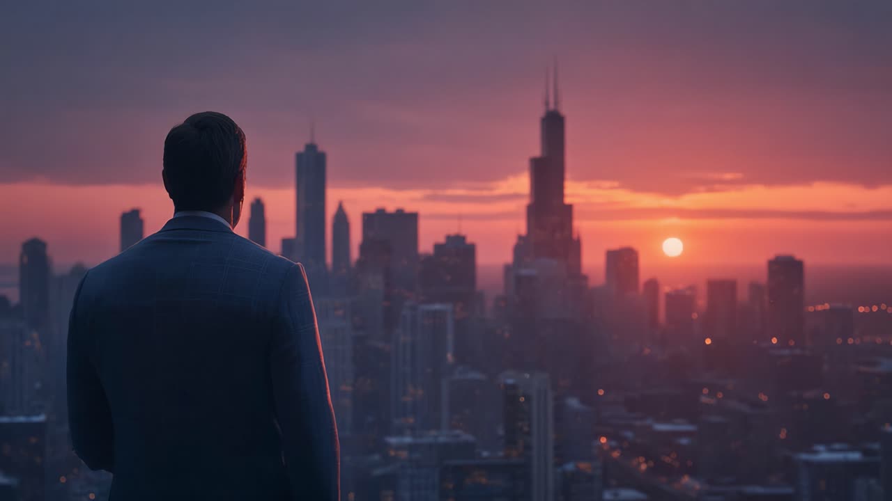 Una figura contemplativa observa un paisaje urbano al anochecer, iluminado por el cálido resplandor de un sol poniente, capturando la esencia de la reflexión y la belleza urbana.