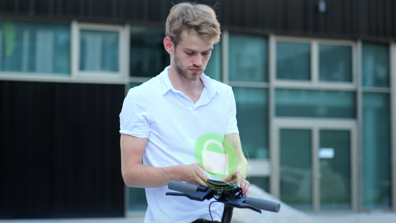 Young man unlocks his electronic scooter with smartphone