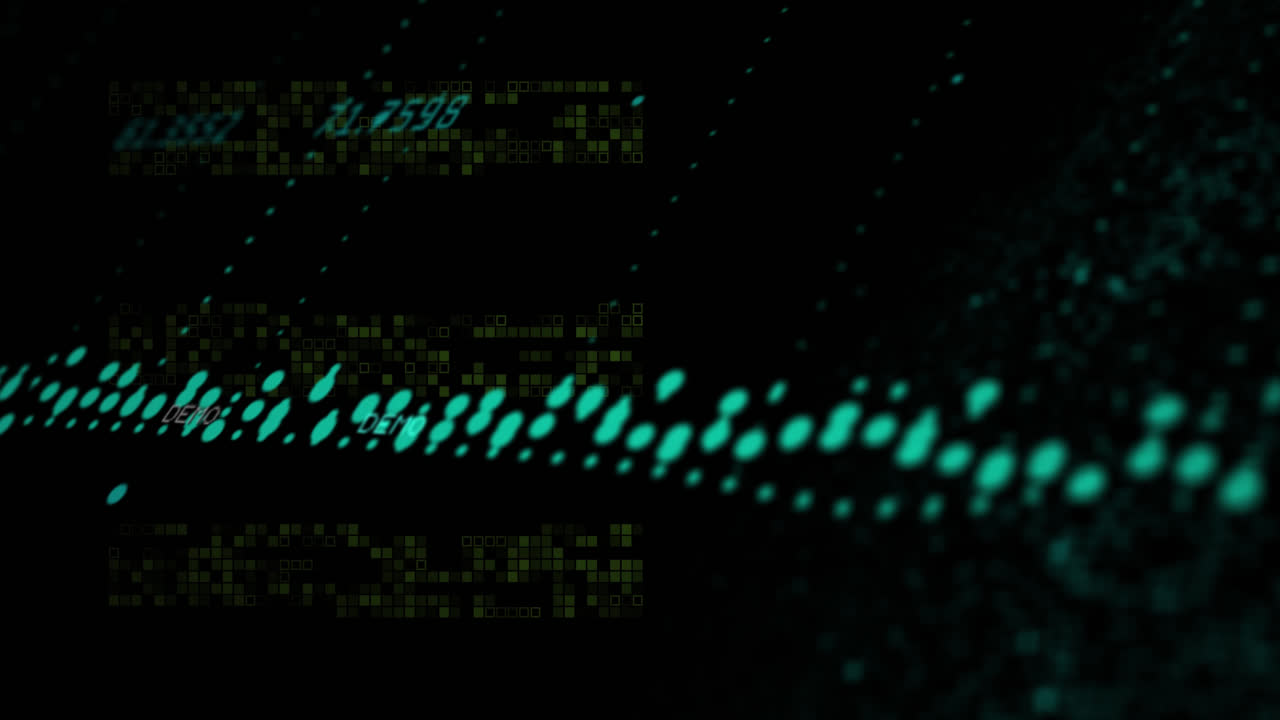 Animation of data processing and mosaic squares against black background