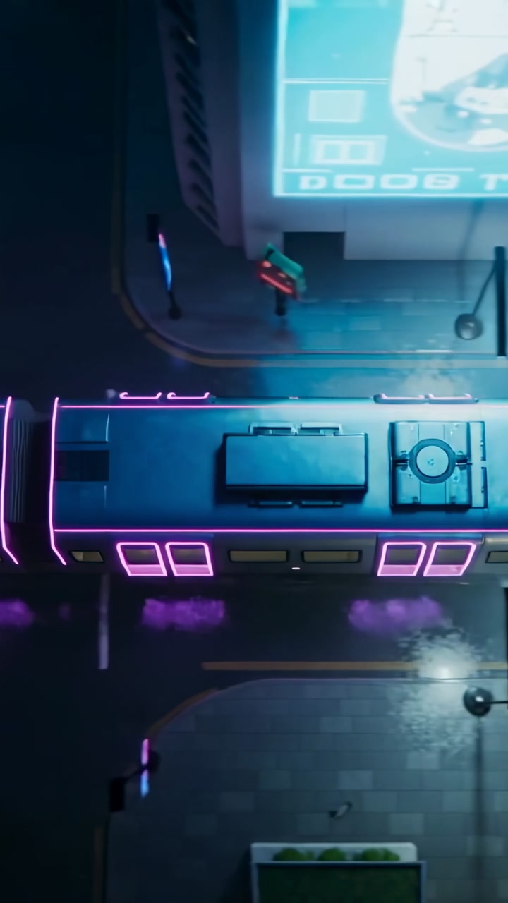 Vertical video: Entering overhead two-car neon-lit tram moving down wet city street, past billboard