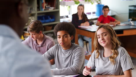 male high school tutor teaching students in biology class