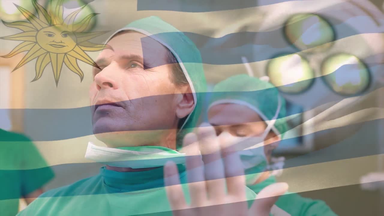 얼굴 마스크를 쓴 백인 의사 들 위 에 우루과이 국기 의 애니메이션