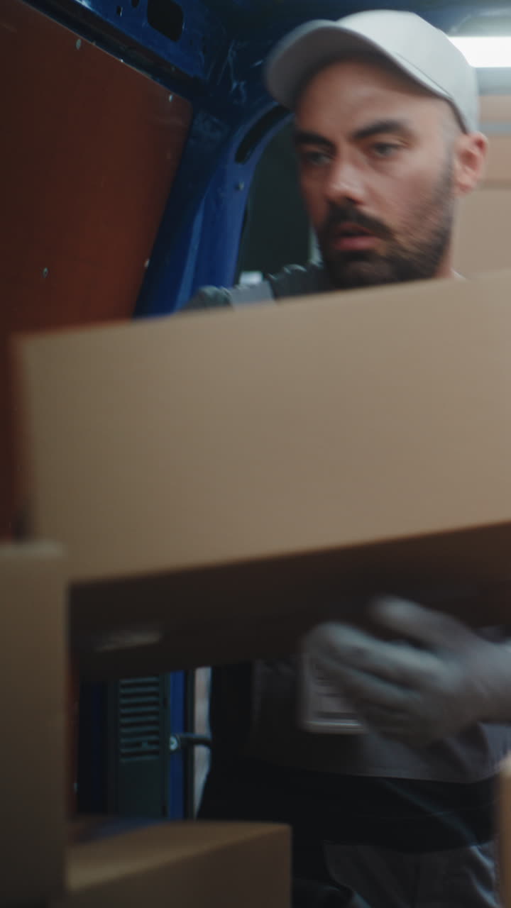 Warehouse Worker Handling Packages and Loading Van
