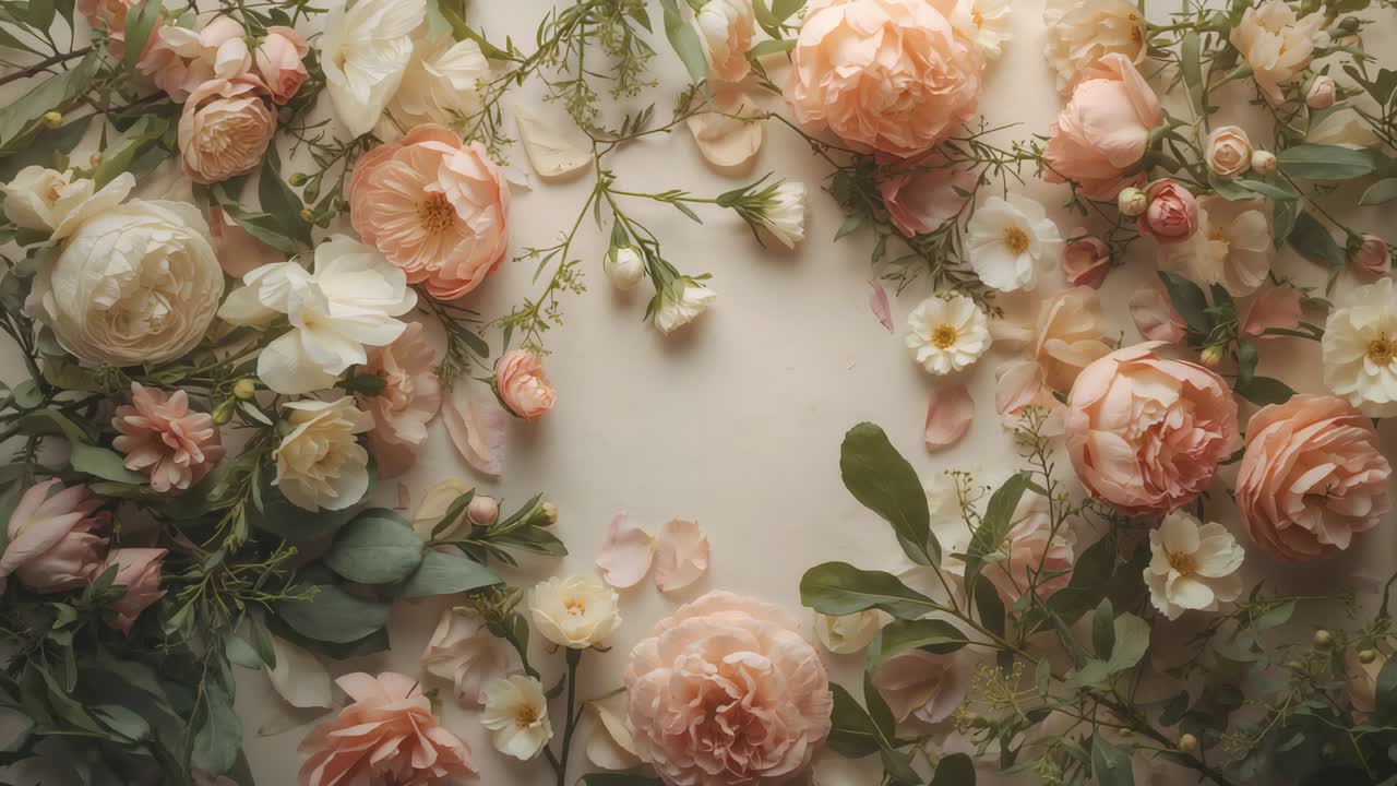 Telecamera che zoomma e panoramica per rivelare rose pesca più rigogliose su un tavolo color crema, con petali sparsi.