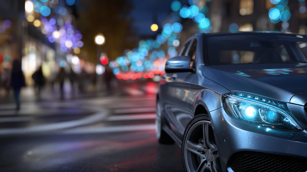 Un'elegante berlina moderna parcheggiata in una vivace via cittadina illuminata da luci colorate durante la notte, che cattura l'essenza della vita notturna urbana e dell'eleganza automobilistica.