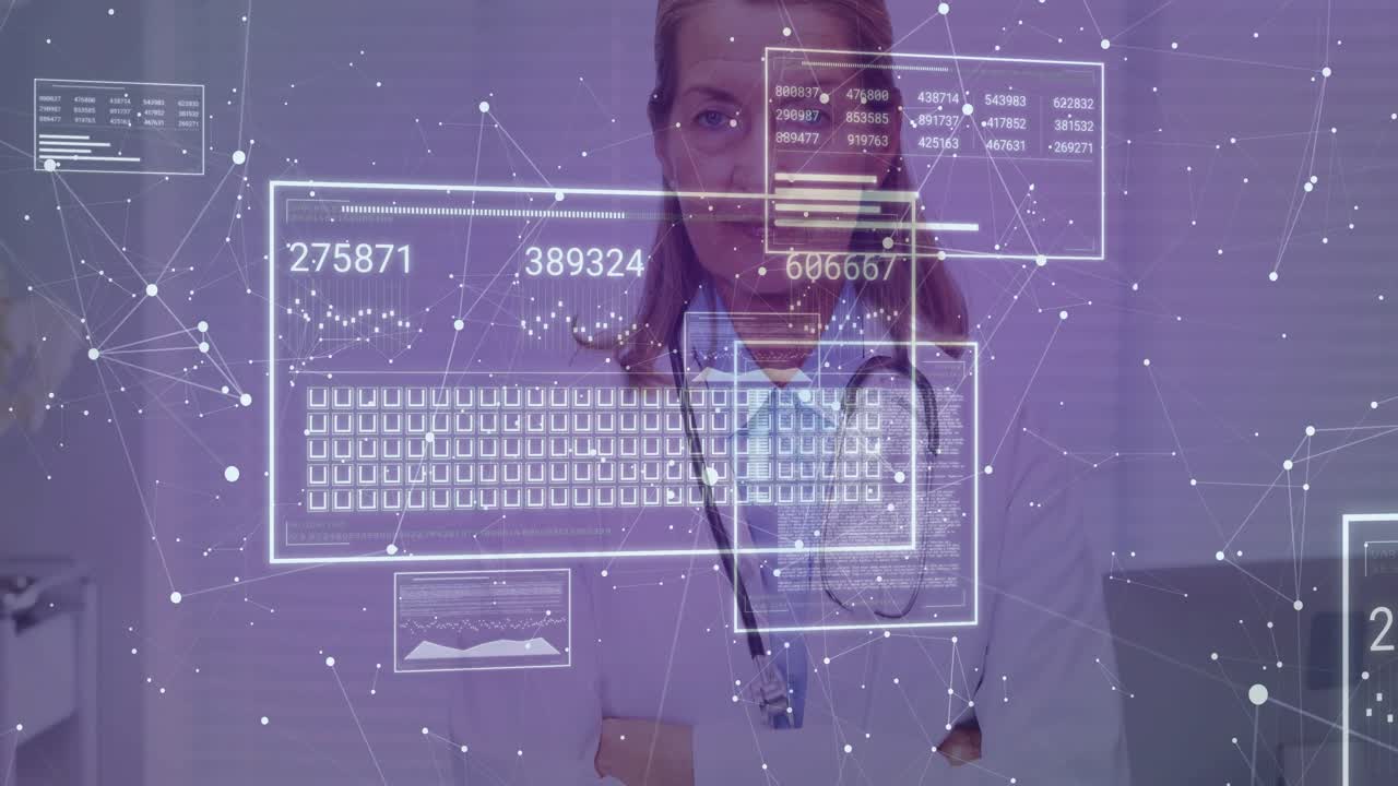 Senior medical doctor standing behind purple UI drifting in filling keys updating charts for review