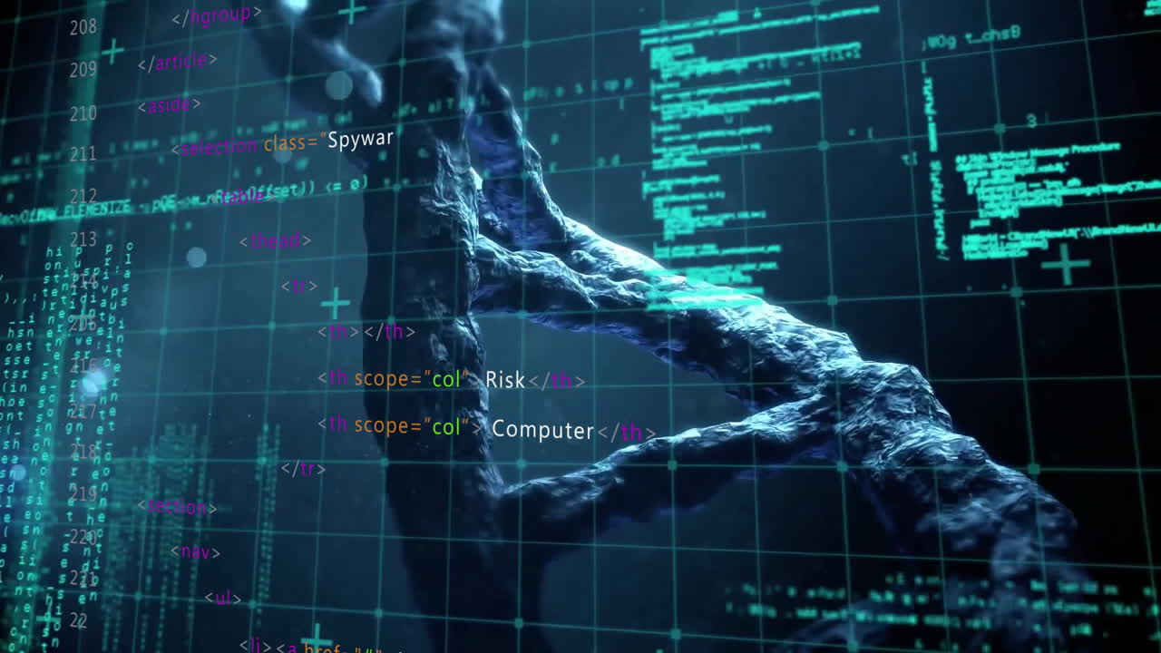Animation of data processing and molecules over dna strand on black background