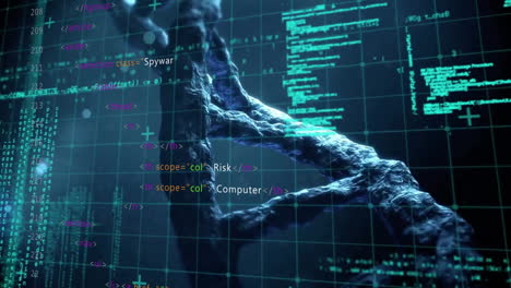 Animation-of-data-processing-and-molecules-over-dna-strand-on-black-background