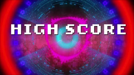 digital animation of high score text against neon round scanner on pink background