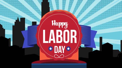 animation of happy labor day text over cityscape