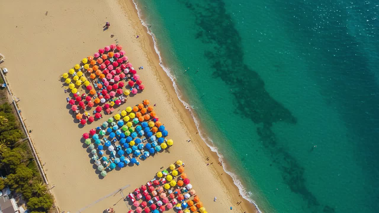 Aerial View of Colorful Beach Umbrellas Arranged in Vibrant Patterns on Sandy Shoreline with Turquoise Waters in the Background, Perfect for a Relaxing Summer Day