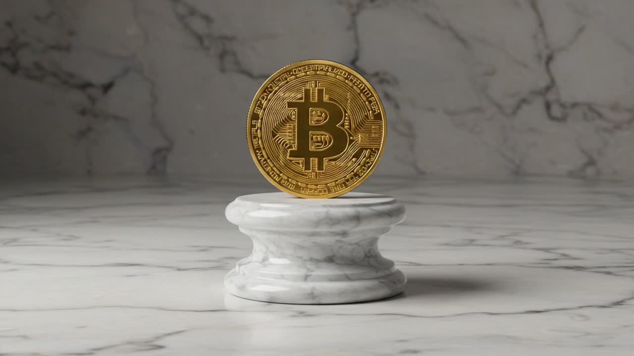 A Captivating Display of Digital Currency: A Gleaming Bitcoin Coin Resting on a Marble Pedestal, Symbolizing Wealth and Innovation in Modern Finance