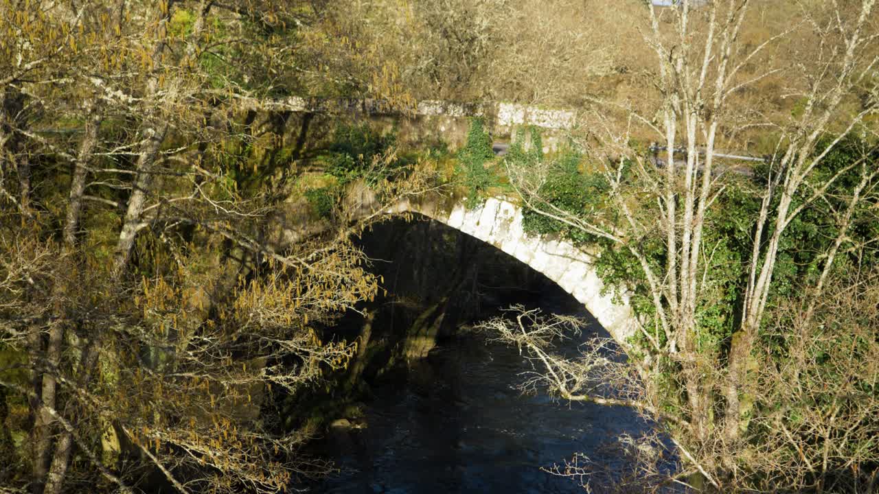 viejo puente romano en el municipio de baños de molgas, ourense, galicia, españa con árboles sin hojas cubiertos de vides