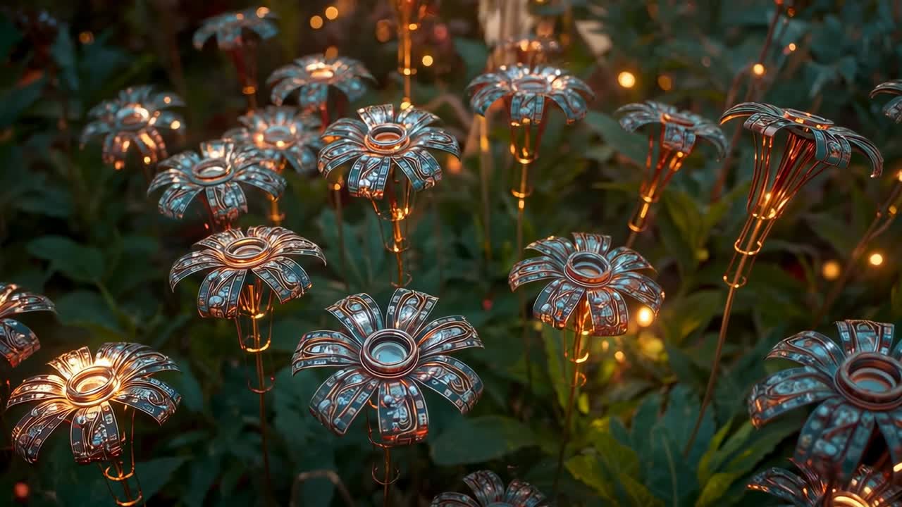 Afastando a câmera, revelando um aglomerado de flores metálicas pulsando ao entardecer entre as folhas, bokeh quente