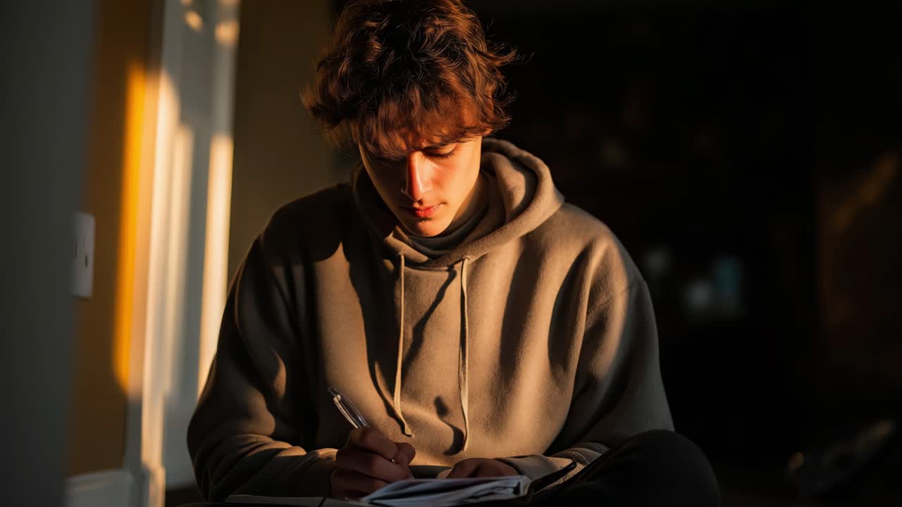 Young man in gray hoodie is engaged in writing in a notebook, surrounded by warm sunlight, creating an atmosphere of inspiration and tranquility