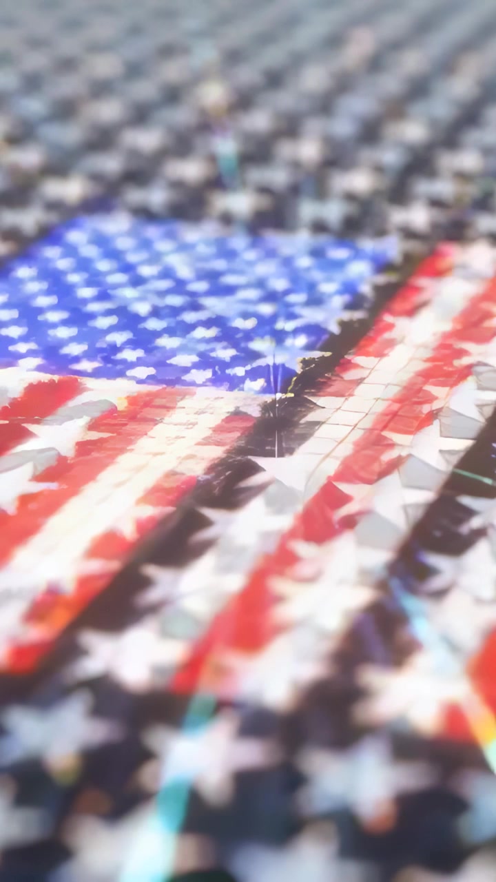 Vertical video: Pulling back camera revealing LED panel at backdrop to show star flakes and US flag