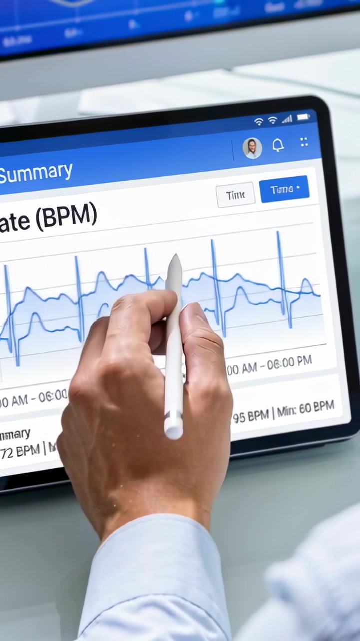 Video verticale: Partendo da sinistra, una mano destra con camicia blu che traccia uno stilo su un tablet controllando i BPM.