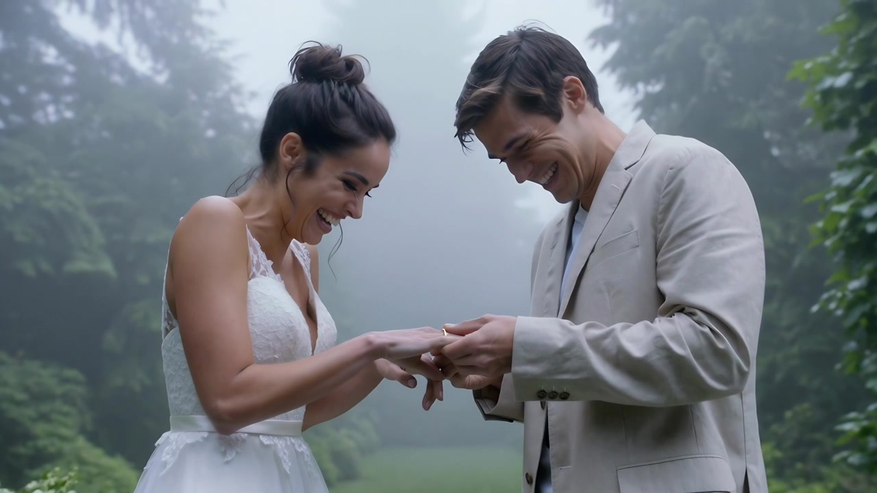 After bride extending left hand, beige-suit groom sliding ring onto finger at garden, sealing vows