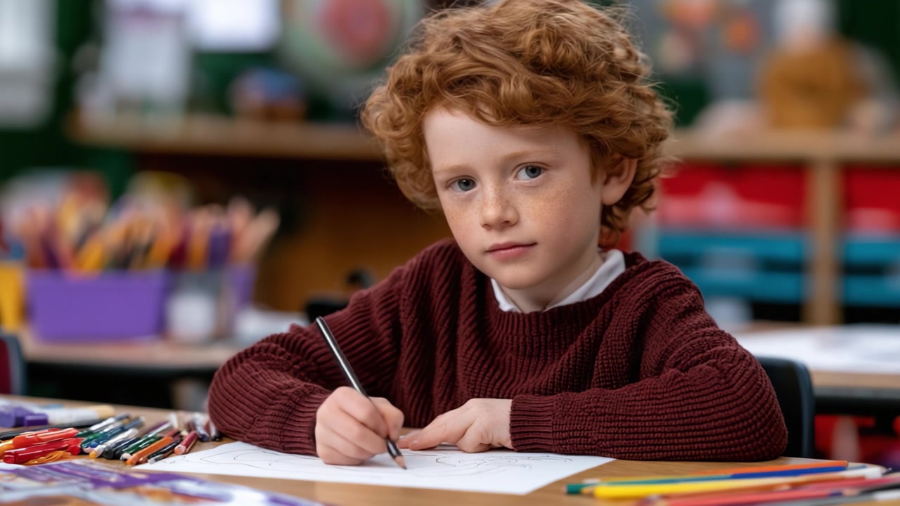 Un giovane studente si impegna in una sessione di disegno creativo a scuola, concentrandosi sull'espressione artistica e sull'apprendimento in un ambiente di classe colorato.