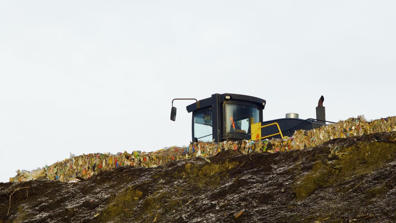 다양한 종류의 대형 쓰레기 매립장, 비닐봉지, 쓰레기로 가득 찬 매립지, 환경 오염, 덤프에서 오염되는 노란색 트럭 덤프 폐기물, 먼 중간 샷
