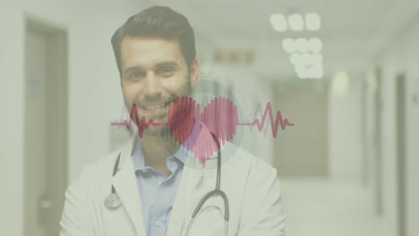 animation of beating heart and heartbeat symbol over smiling male doctor with stethoscope