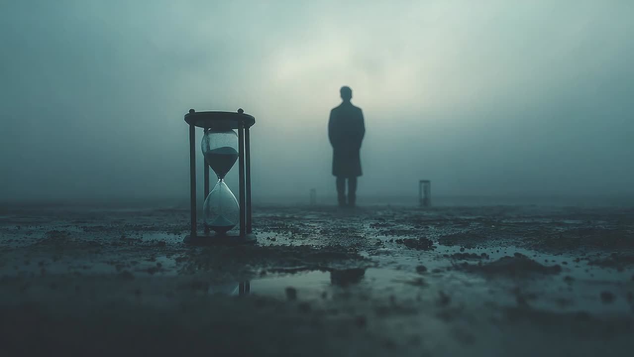 Un uomo sta in piedi dietro una clessidra nella nebbia all'alba vicino all'acqua.