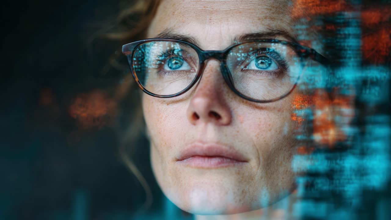 Contemplating Future Possibilities: A Female Professional Reflecting Amidst Digital Data, Exploring Innovation and Insight Through a Thoughtful Gaze