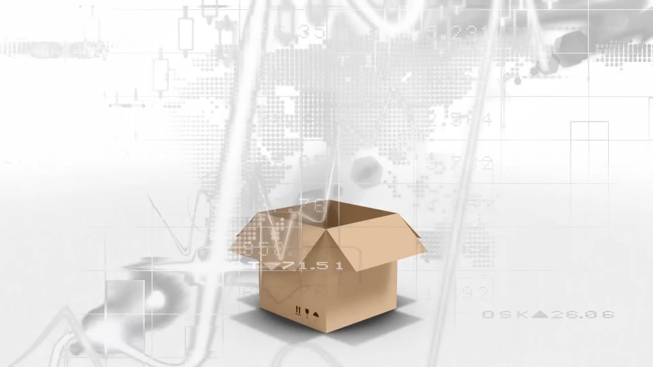 Animation af pakke og databehandling over hvid baggrund