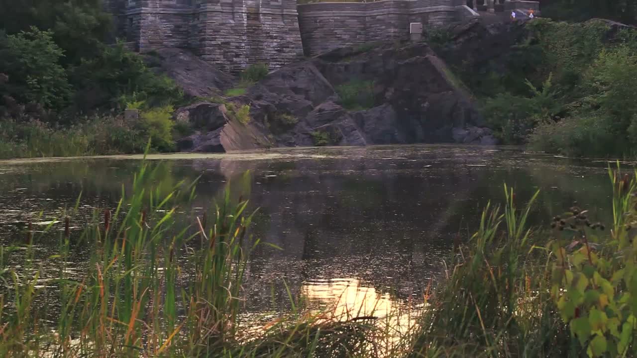 뉴욕시의 센트럴 파크에 있는 벨베데레 성의 전망을 위로 기울입니다.