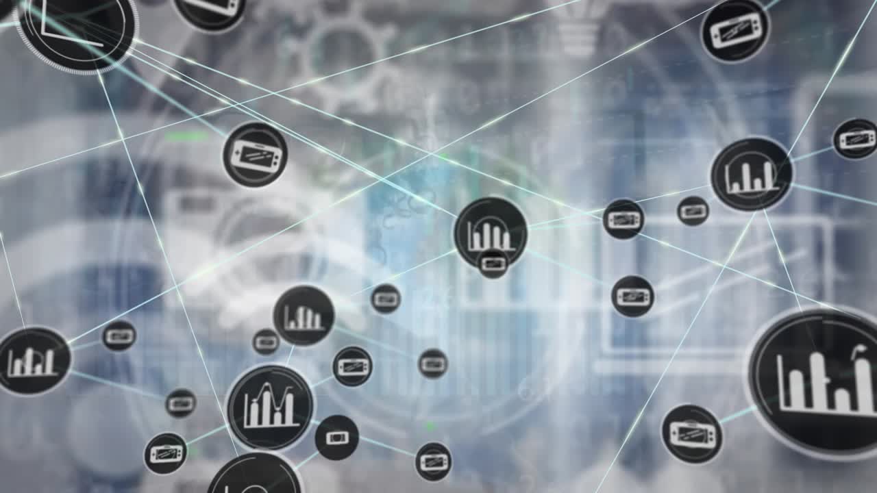 Animation of network of digital icons over binary coding against caucasian woman using smartphone