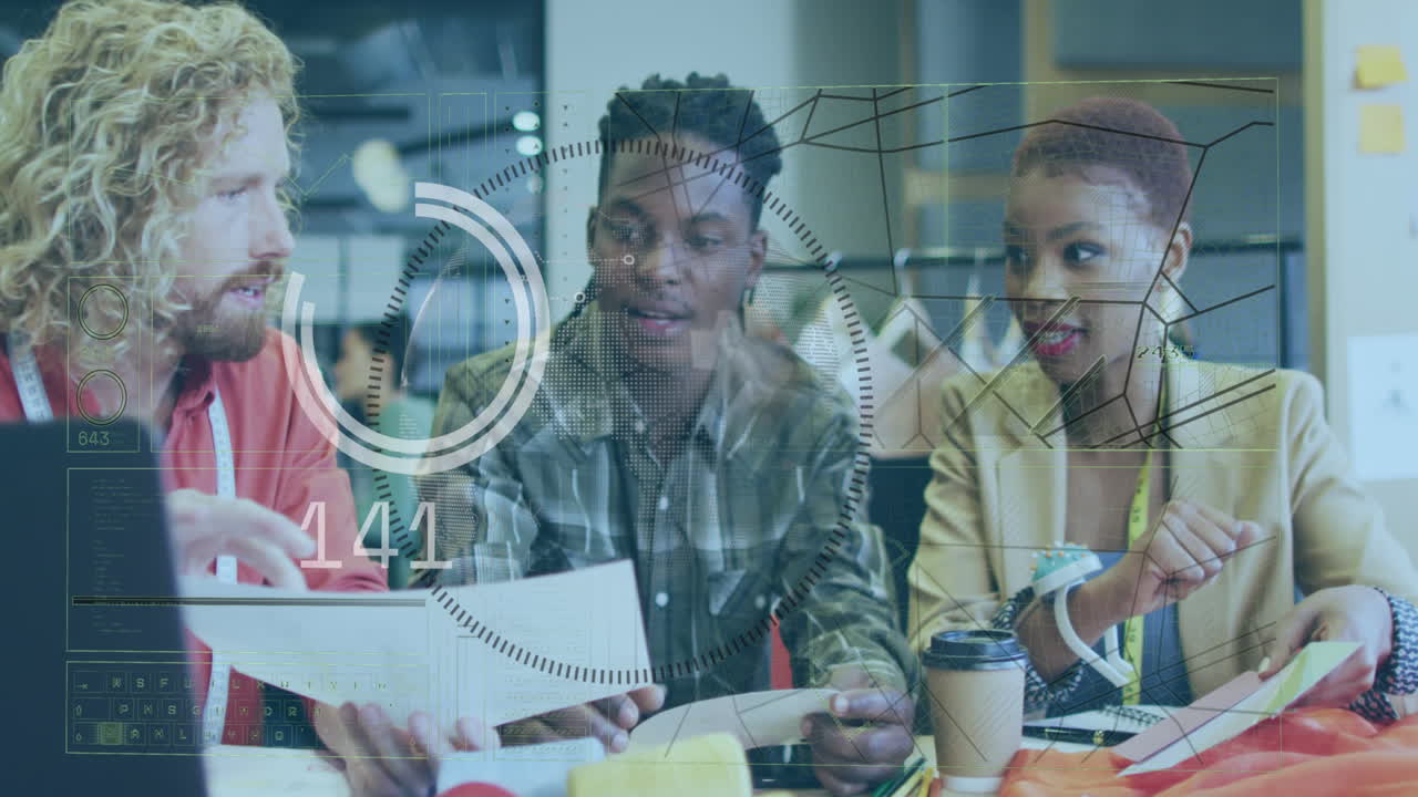 Animation of data processing over business people working in office