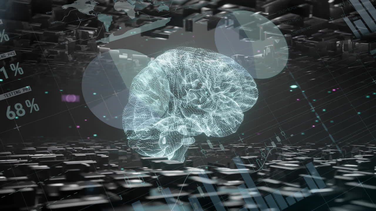 Animation of ai data processing and brain over black background