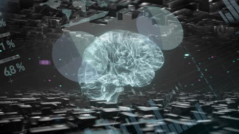 animation of ai data processing and brain over black background