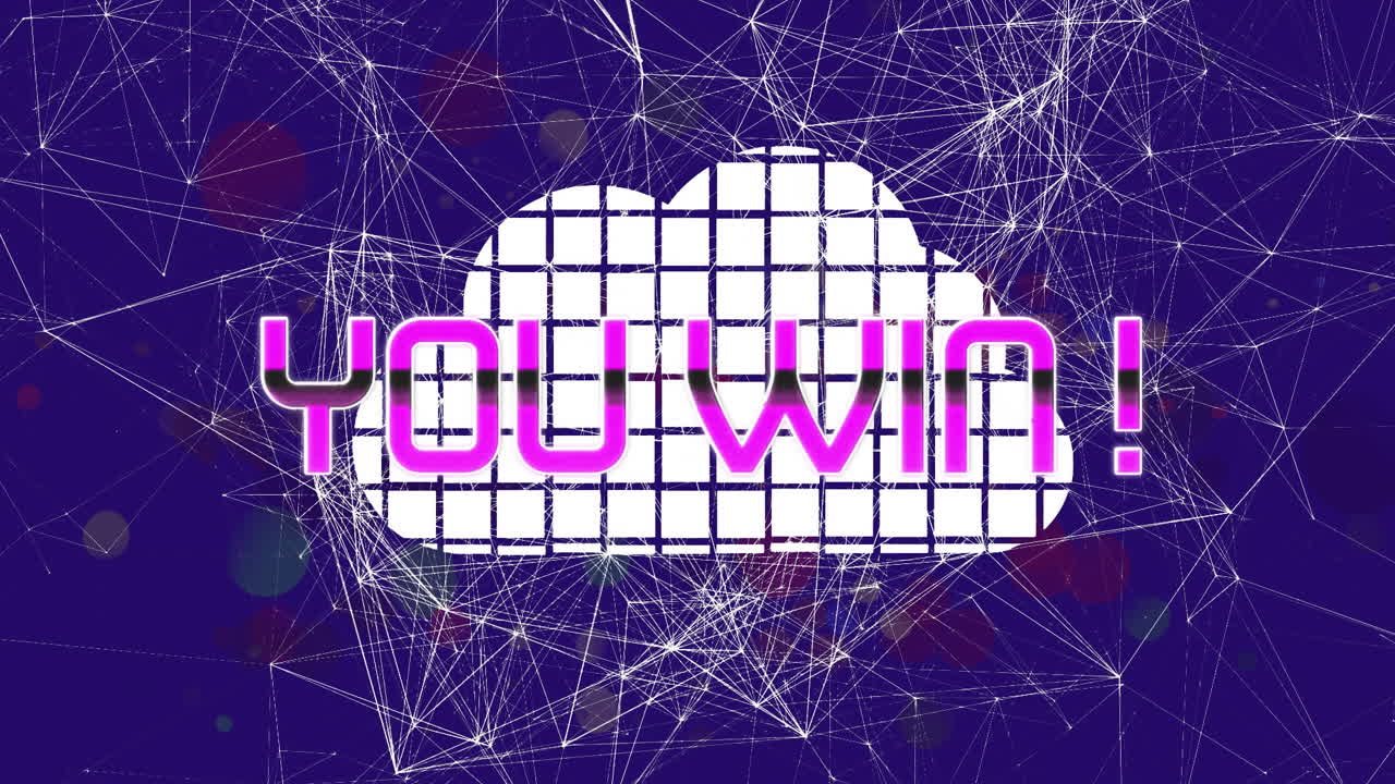 You win! text animation over abstract network of connections and data