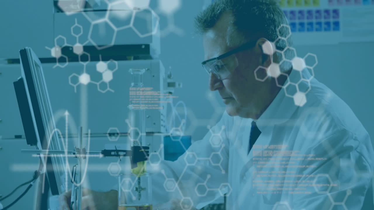 Animation of scientific data processing over caucasian male scientist in laboratory