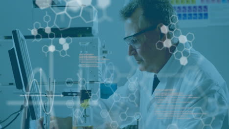 animation of scientific data processing over caucasian male scientist in laboratory