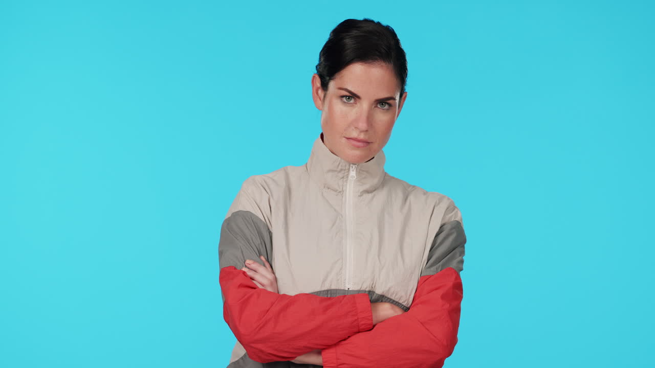 Fitness, coach and woman face with arms crossed