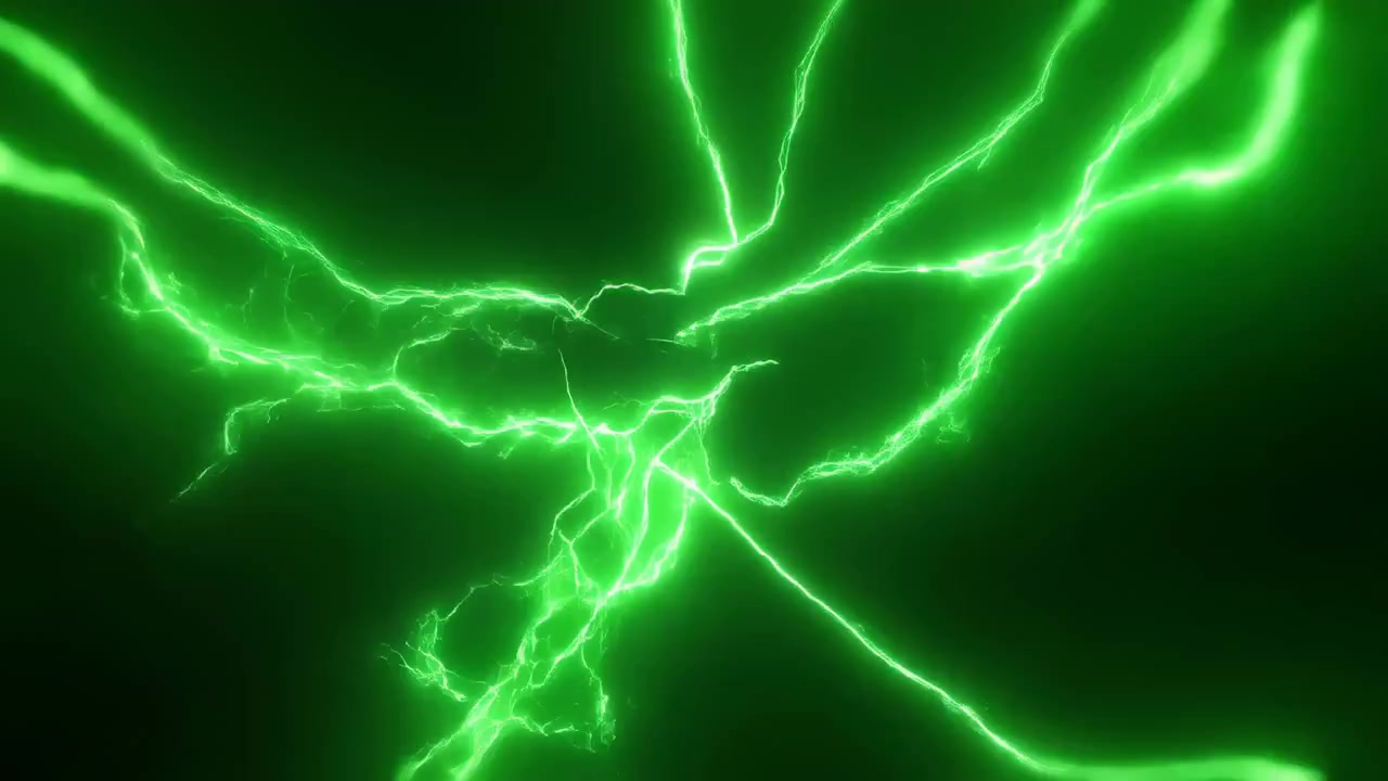 Electricidad destellando, en un fondo oscuro, con arcos eléctricos verdes, con textura de energía eléctrica, desde una perspectiva de vista lateral, con acentos verdes y negros, y un ambiente dinámico y enérgico.