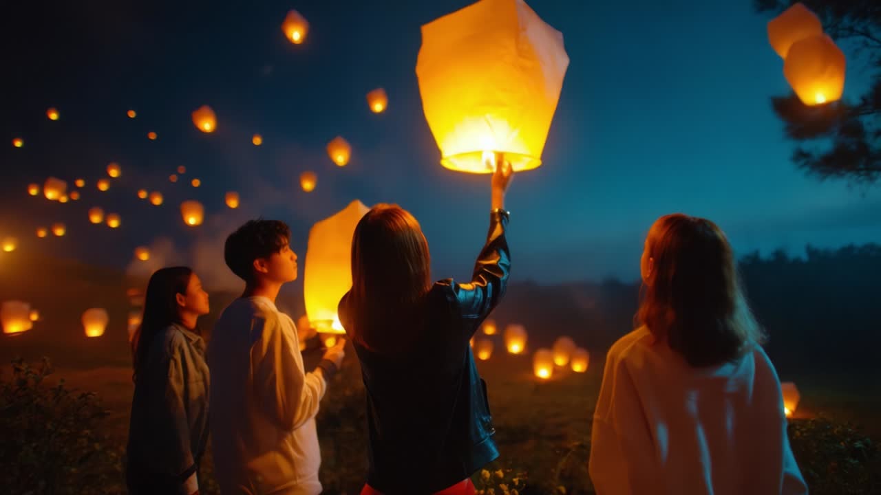 Un grupo de amigos se reunió en un entorno tranquilo al aire libre por la noche para lanzar farolillos brillantes al cielo, lo que simboliza la esperanza y la celebración, en medio de un telón de fondo de estrellas parpadeantes y una atmósfera de calma.