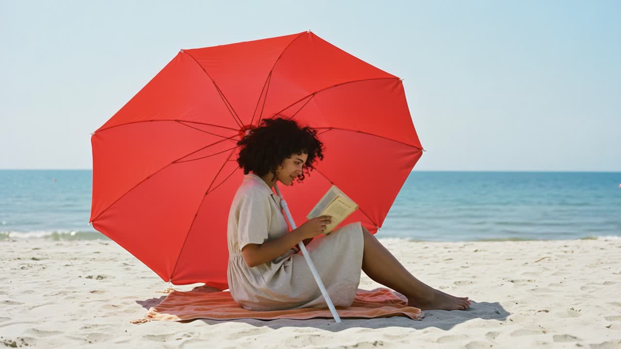 A woman sits peacefully under a large red umbrella on a sandy beach, engrossed in her book while enjoying the sound of waves and the warmth of the sun.
