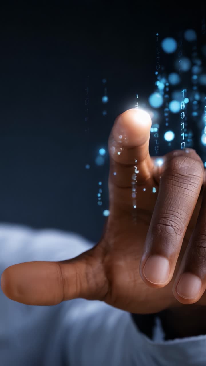 A hand reaching out towards a cascade of glowing blue binary codes and data particles, symbolizing the interaction between technology and human touch