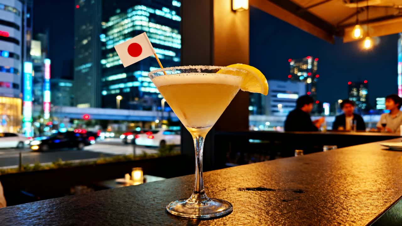 마티니 카메라 프레임, 옥상의 빨간 점 깃발, 불빛을 내며 지나가는 자동차, 블레이저를 입고 이야기하는 남자들