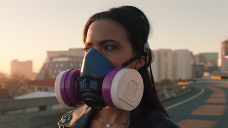 portrait woman wearing gas mask rebellious girl protesting against pollution with respirator for poisonous air global warming climate change emergency