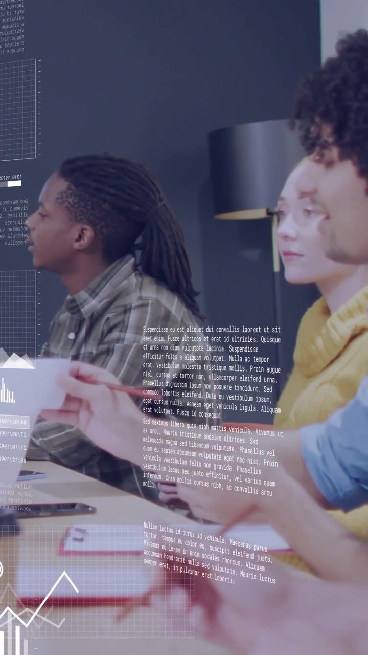 Vertical video: Tech team noting, host showing charts on table moving bars to rising graph to learn