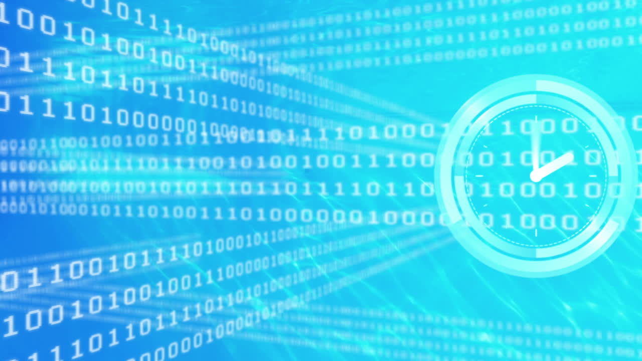 animación de codificación binaria y reloj de neón contra un fondo de gradiente azul.